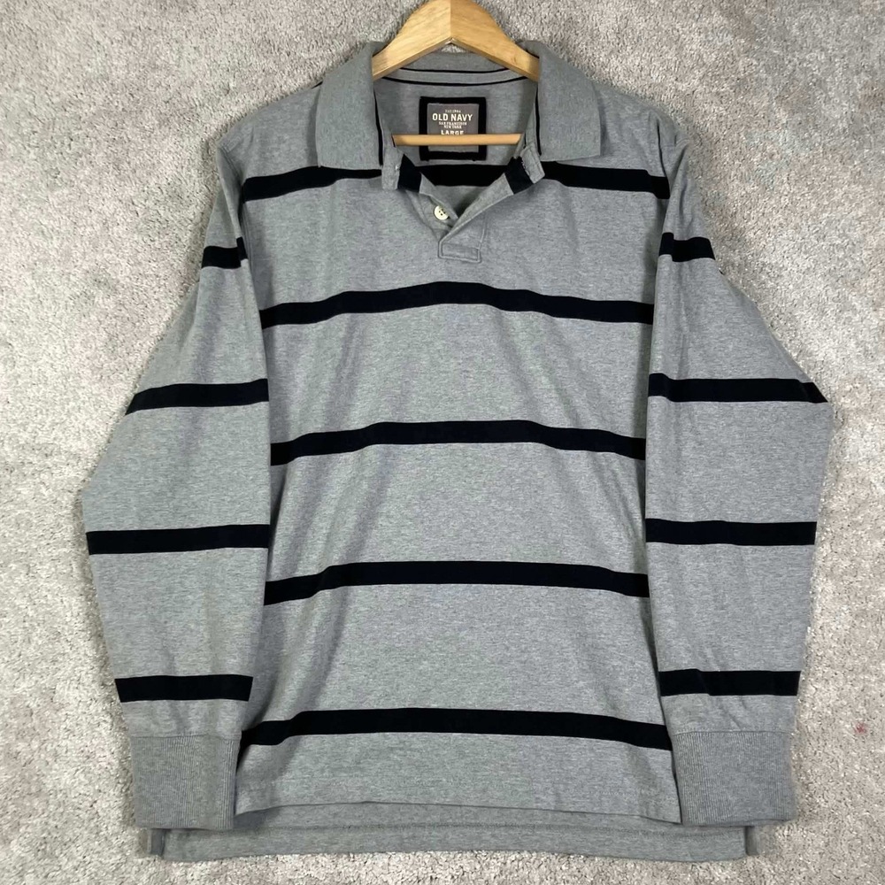 Vintage Old Navy Polo Shirt Mens L Rugby Gray Striped Long Sleeve Cotton Casual
